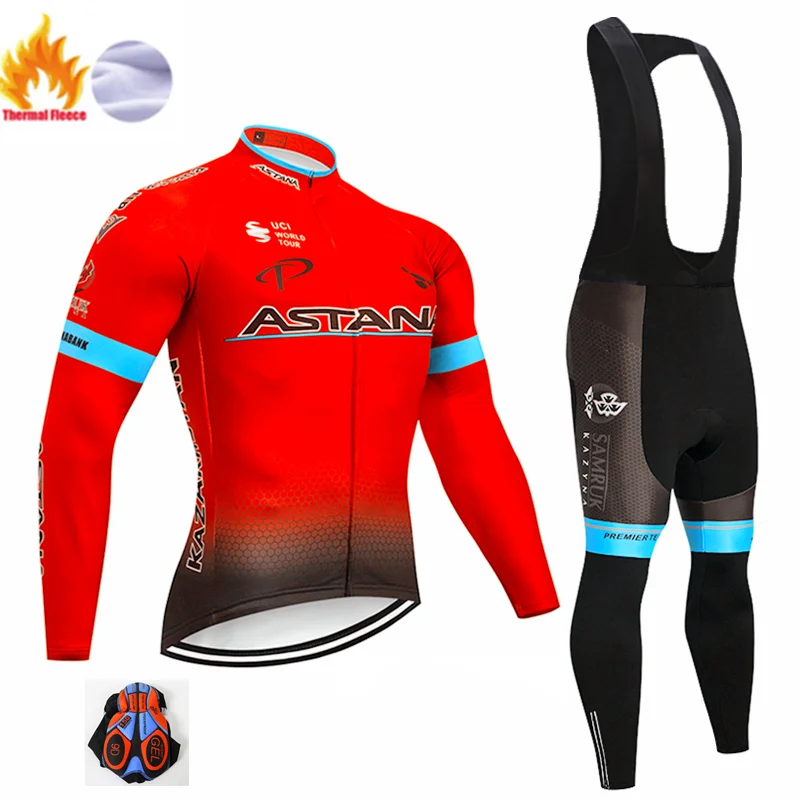 Красная Команда Астаны зимний термальный флис Велоспорт Джерси велосипед брюки набор мужской Ropa Ciclismo 9D костюм для велосипеда Culotte одежда - Цвет: Winter Cycling Suit