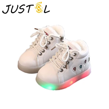 

JUSTSL Winter Plus Velvet Fashion Children Casual Shoes Boys Girls Lights LED Luminous Soft-Soled Shoes Student Kids Warm Boots