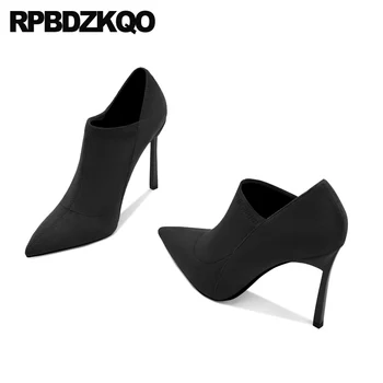 

high quality extreme slip on booties luxury brand shoes women big size fetish plus heel boots black pointy pointed toe stiletto