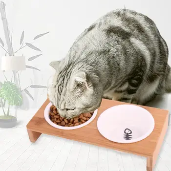 

Pet Feeder Ceramic Dog Bowl With Wooden Frame Anti Skid Cat Dog Feeding Dish Puppy Food Drinking Water Single Double Bowls
