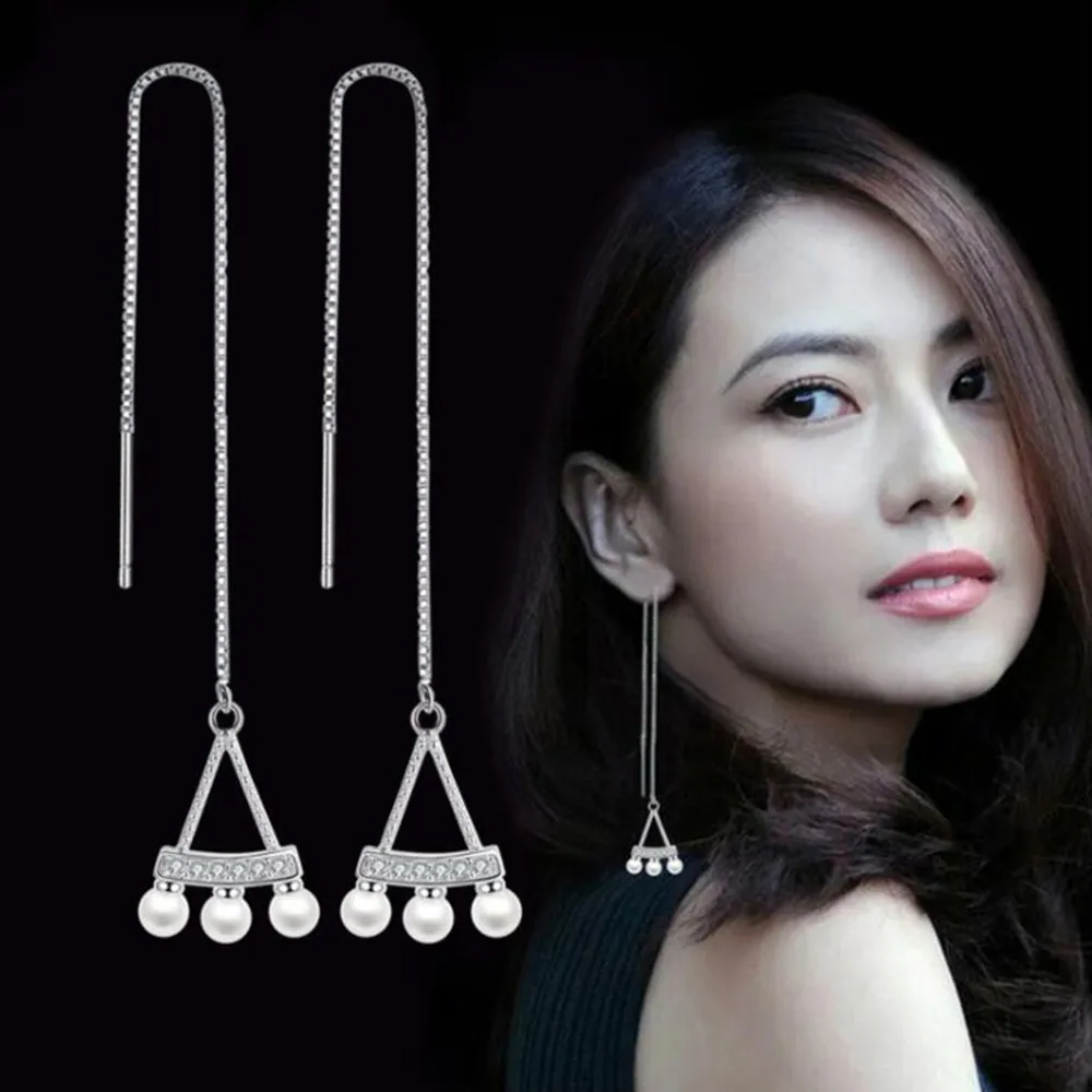

NEHZY 925 sterling silver new woman jewelry Cubic Zirconia Imitation pearls triangle cutout tassel earrings long section