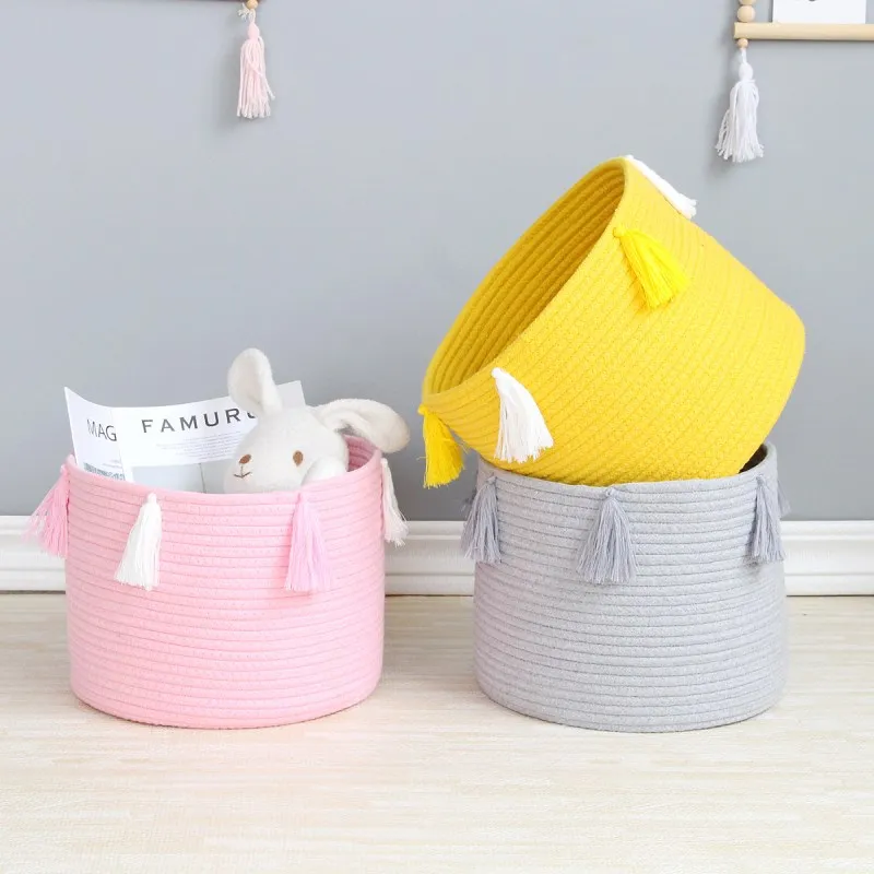 INS Cotton Rope Storage Basket With Tassels Woven Dirty Clothes Laundry Baskets Desktop Sundries