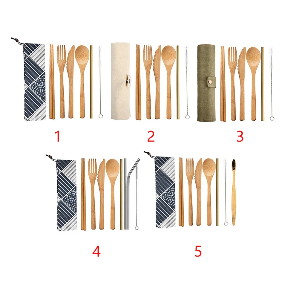 Bamboo Picnic Straw Eco-friendly Spoon Fork Chopstick Cutlery Set With Cloth Bag Kitchen Utensil Knife Natural Travel Portable