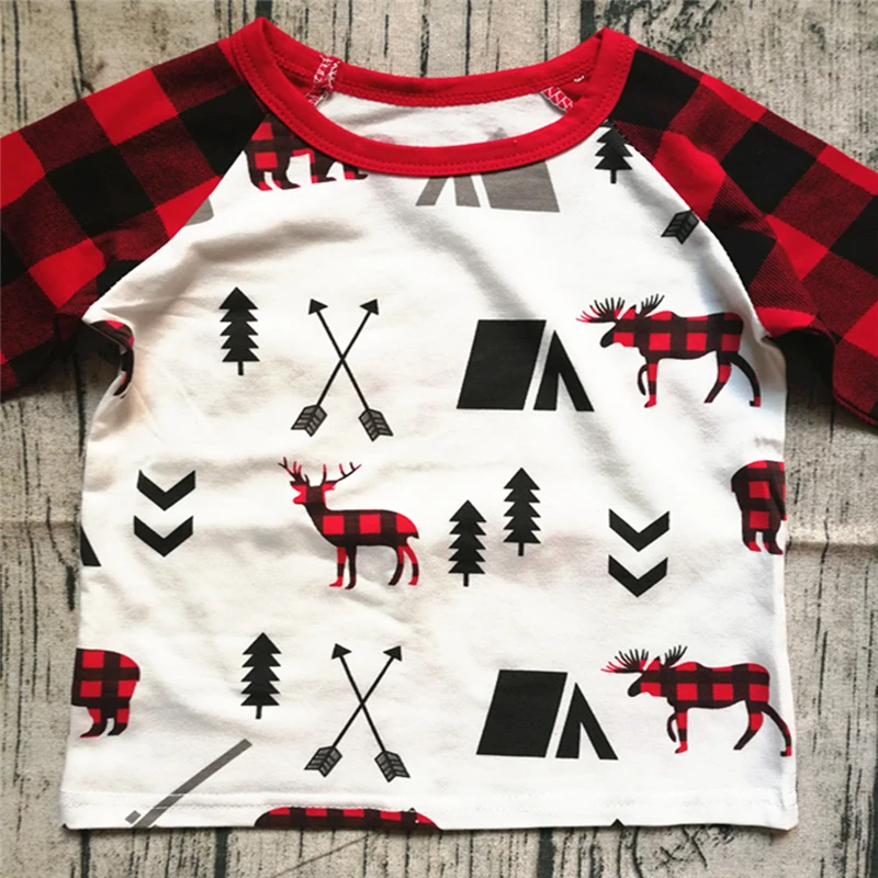 Детская Рождественская футболка с длинными рукавами футболки для маленьких мальчиков с рисунком реглан и оленя Красный Клетчатый