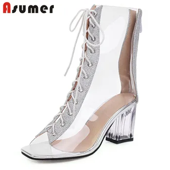 

ASUMER 2020 new arrive ankle boots women transparent PVC Street style high heels boots lace up summer casual shoes woman