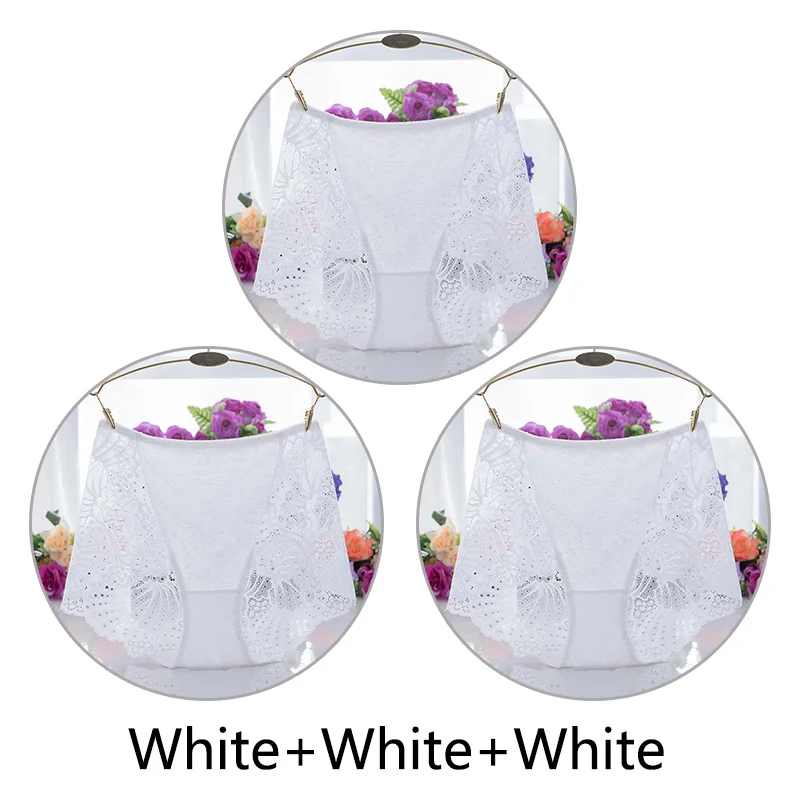 White White White 3 шт., женское прозрачное кружевное нижнее белье, сексуальные бесшовные трусы с высокой талией, дышащее женское нижнее белье, M-XL размера плюс - Цвет: White White White