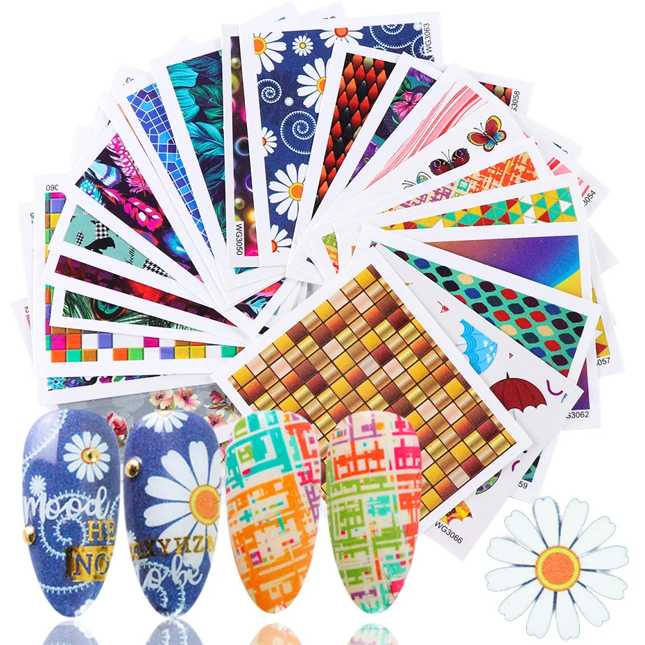 

Nail art watermark stickergeometric design small floralbutterfly checkered flowermulti-element nail transfer decorative sticker