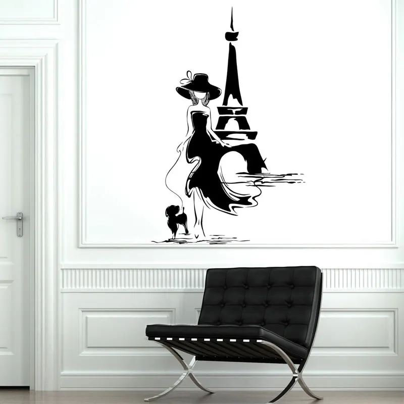 

Paris France Tower Sexy Girl With Dog Wall Sticker Vinyl Home Decor Room Fashion Woman Decals Wallpaper Window Murals A387
