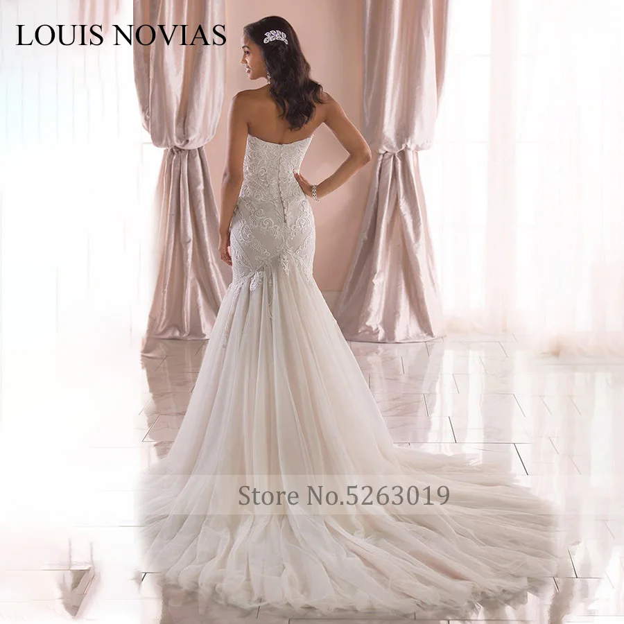 LOUIS NOVIAS Sexy Sweetheart Strapless Mermaid Wedding Dresses Romantic Backless Bride Dress Appliques Tulle Wedding Gowns