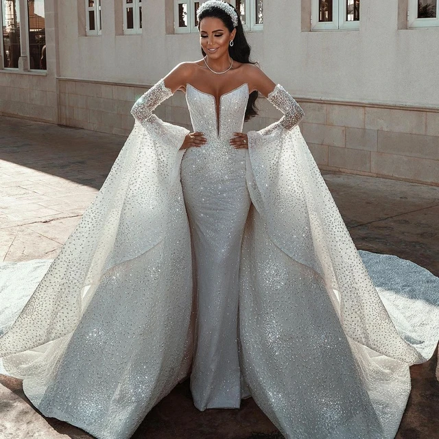 Bling Mermaid Wedding Dresses with Detachable Skirt Rhinestones