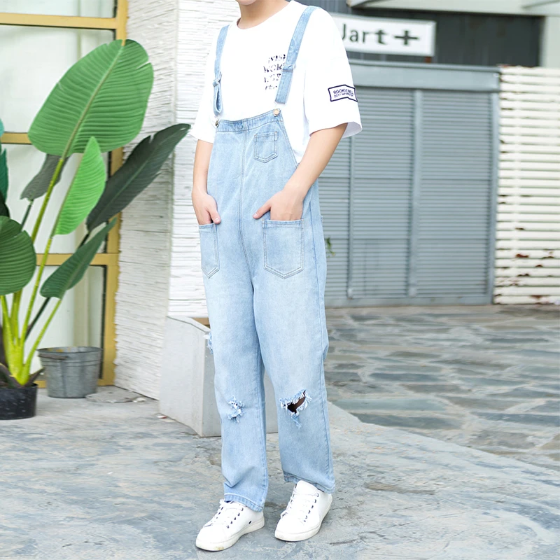 Летний мужской джинсовый комбинезон с большими дырками на лямках, Свободный комбинезон, Корейская версия штанов на лямках