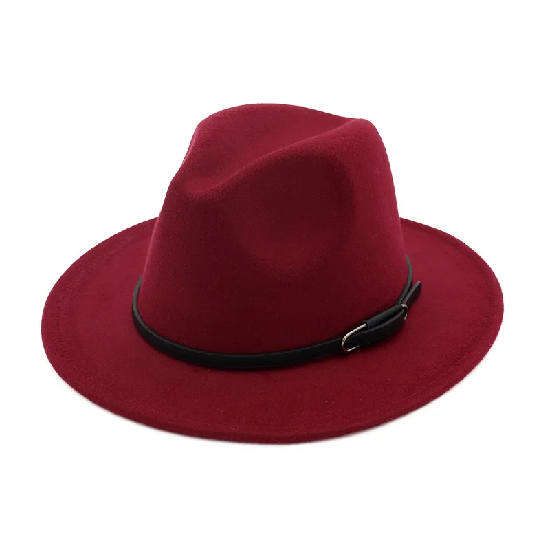 Осенняя и зимняя одноцветная шляпа с полями, шляпа для путешествий, шляпа-федора, джаз, Панама, шляпы для женщин и девушек 47 - Цвет: wine red