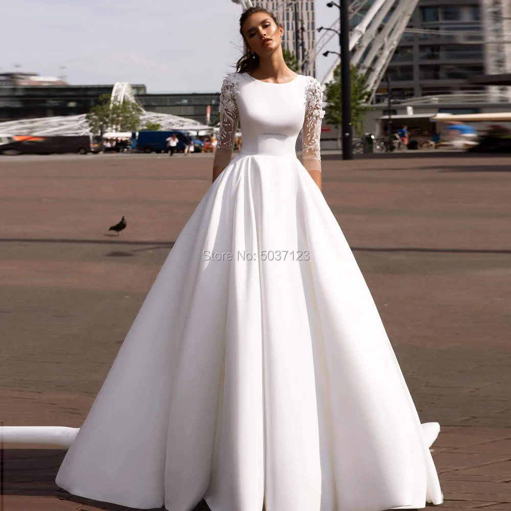 Атласные свадебные платья трапециевидной формы с круглым вырезом три четверти кружева с аппликацией на шнуровке Свадебные платья Vestido De Noiva корт поезд