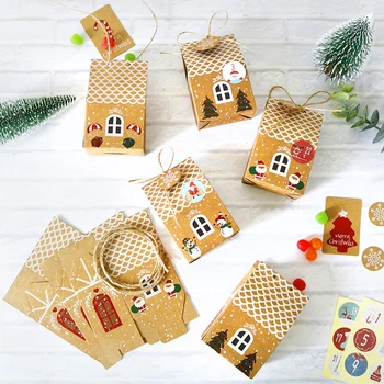 

96pcs/Set 24Pcs House Shape Christmas Candy Cookie Gift Bags With 24pcs Ropes 24pcs Stickers,24pcs Tags Xams Party Decor