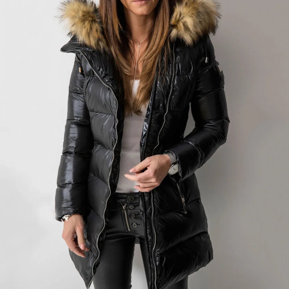 Winter Down Jacket Coat Women Parkas Warmness Cotton Padded Overcoat PU Fashion Basic Coats Black Long Outwear Women's Clothes