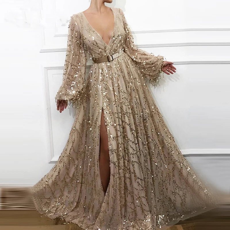 

Sparkly Gold Sequined Tulle Evening Formal Dress Long Sleeves V Neck Prom Gowns Sexy Side Split Arabic Abiye Women Party Dresses