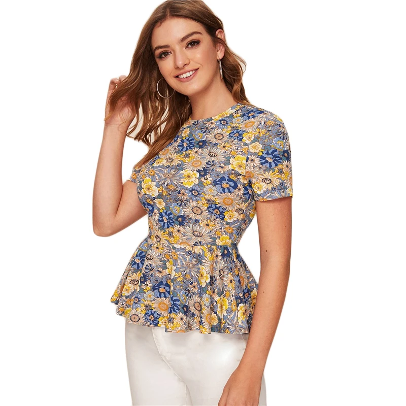 SHEIN Multicolor Floral Print Peplum Short Sleeve Top Women 2020 Summer Flared Ruffle Hem O-neck Womens Blouses and Tops