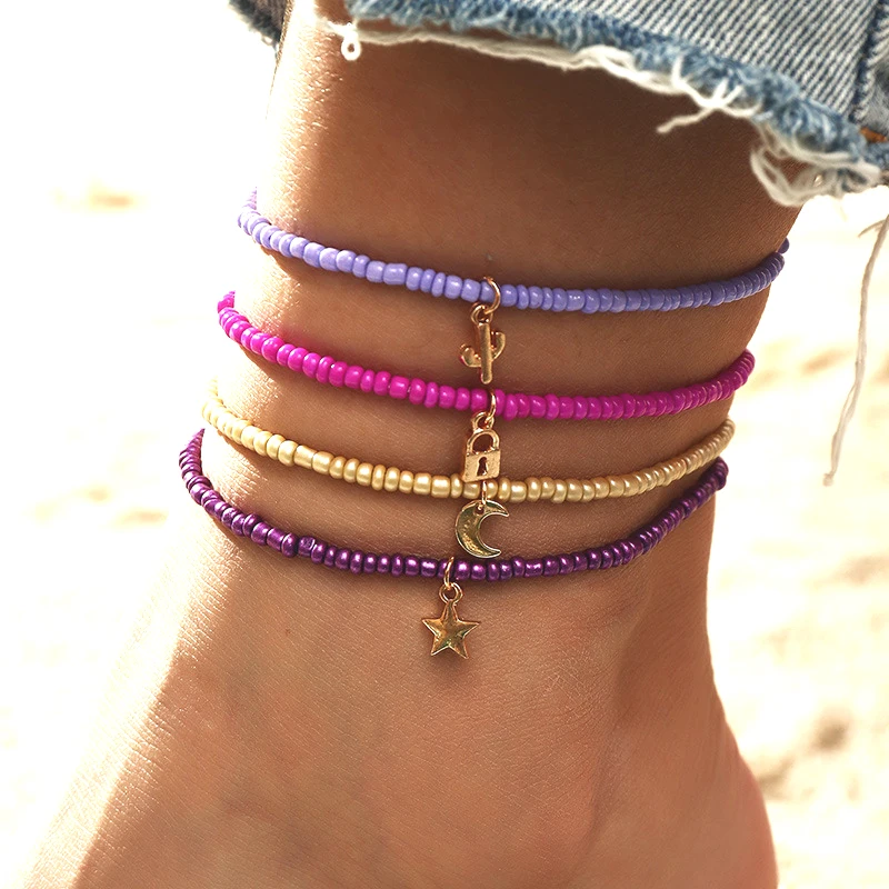 4pcs/Set Bohemia Handmade Beads Anklet Moon Star Pendant Elastic Barefoot Chain Foot Jewelry For Women Summer Beach Accessories - Image 3