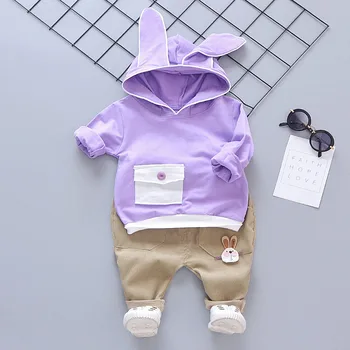 

Children's Casual Clothes 2020 Autumn New Girls Rabbit Ears Hooded Sweatshirt Cartoon Trousers Two-piece Little Girls Cute Suit