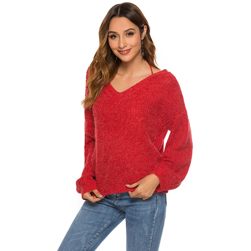 Женский сексуальный v-образный вырез с длинным рукавом чистый цвет вязаный свитер пуловер Блузка Топы - Цвет: Красный