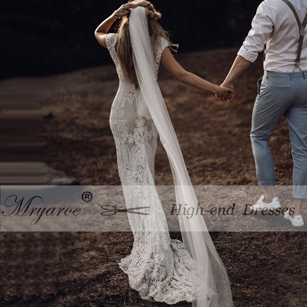 Mryarce Unique Bride Vintage Crochet Lace Boho Wedding Dress Cap Sleeves Open Back Bohemian Bridal Gowns  (10)