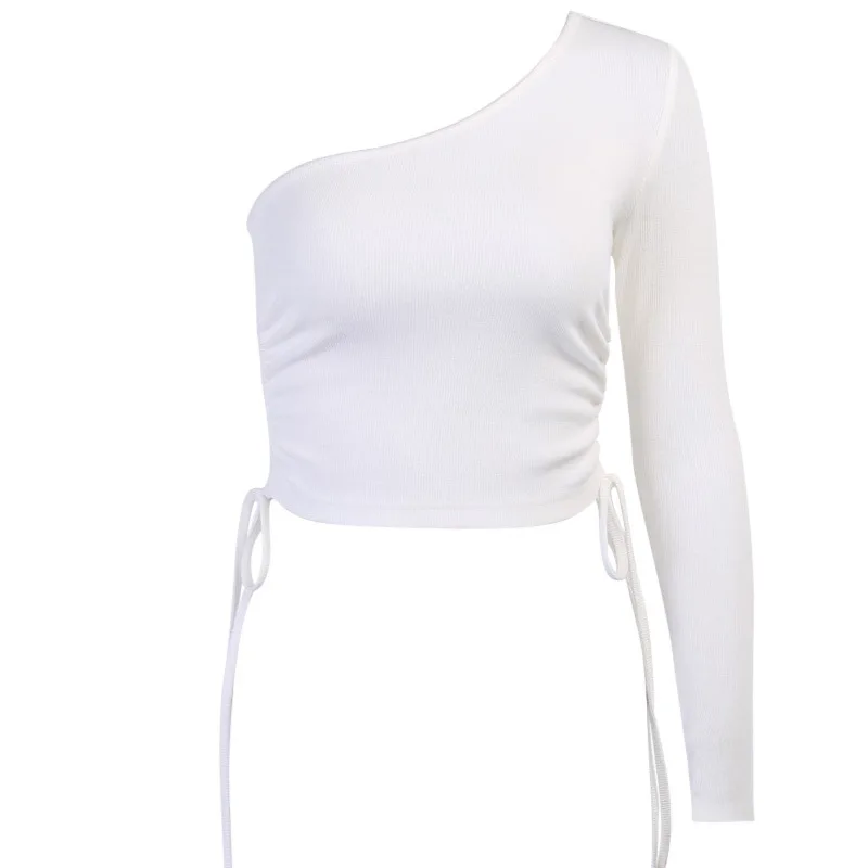 2020 Hot Women's One Shoulder Solid Crop Top Sexy Skew Collar Long Sleeve Top Tee Ladies Drawstring Slim Tee T-Shirt