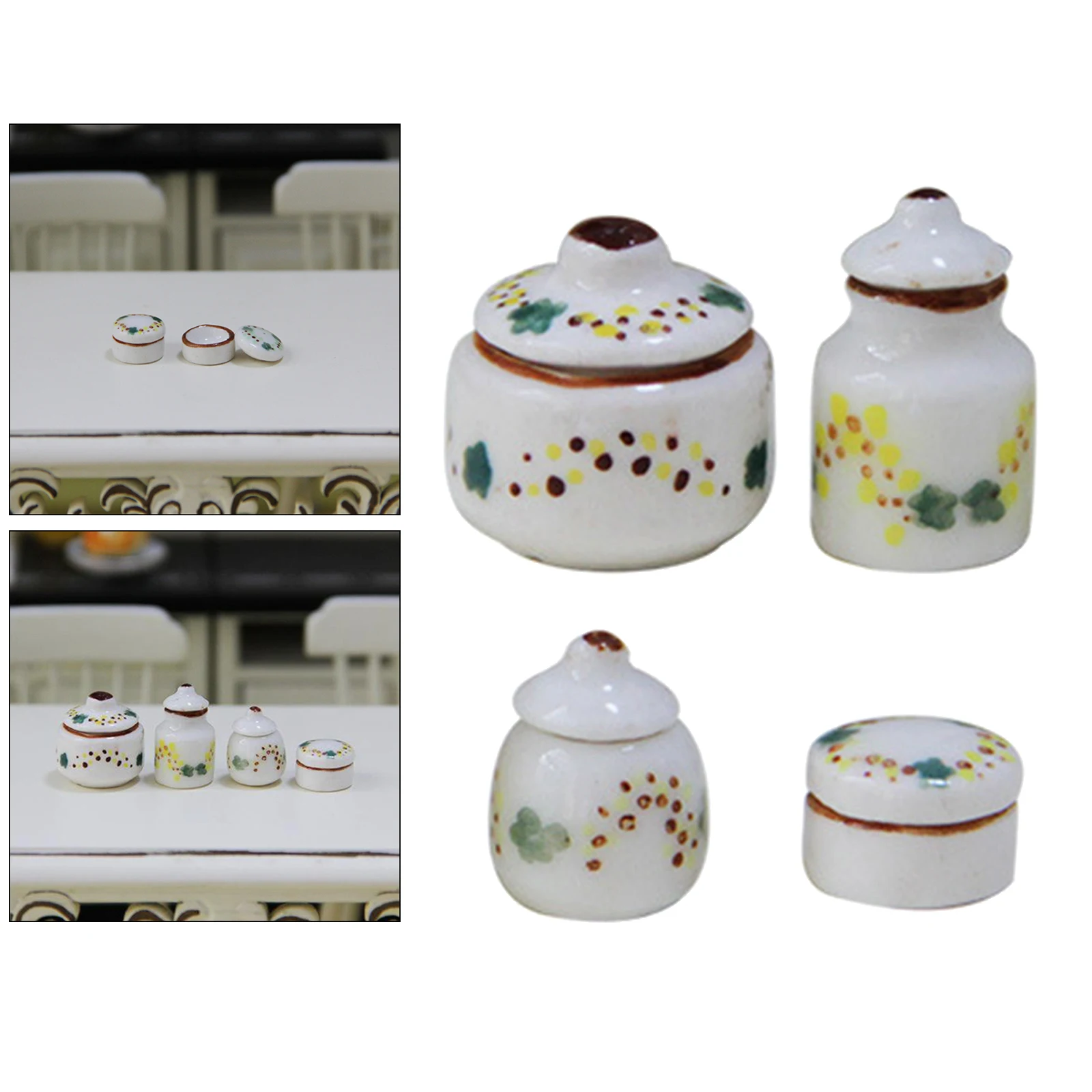 4PCS 1/12 Dollhouse Miniature White Porcelain Pots Cans Kitchen Seasoning Jar Ceramic Tableware Dollhouse Accessories