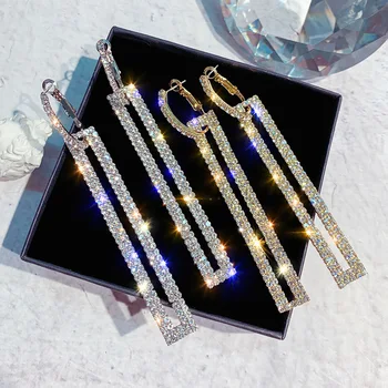 

Shining Rhinestone Long Rectangle Drop Earrings For Women Fashion Temperament Party Statement Dangle Pendientes Brincos