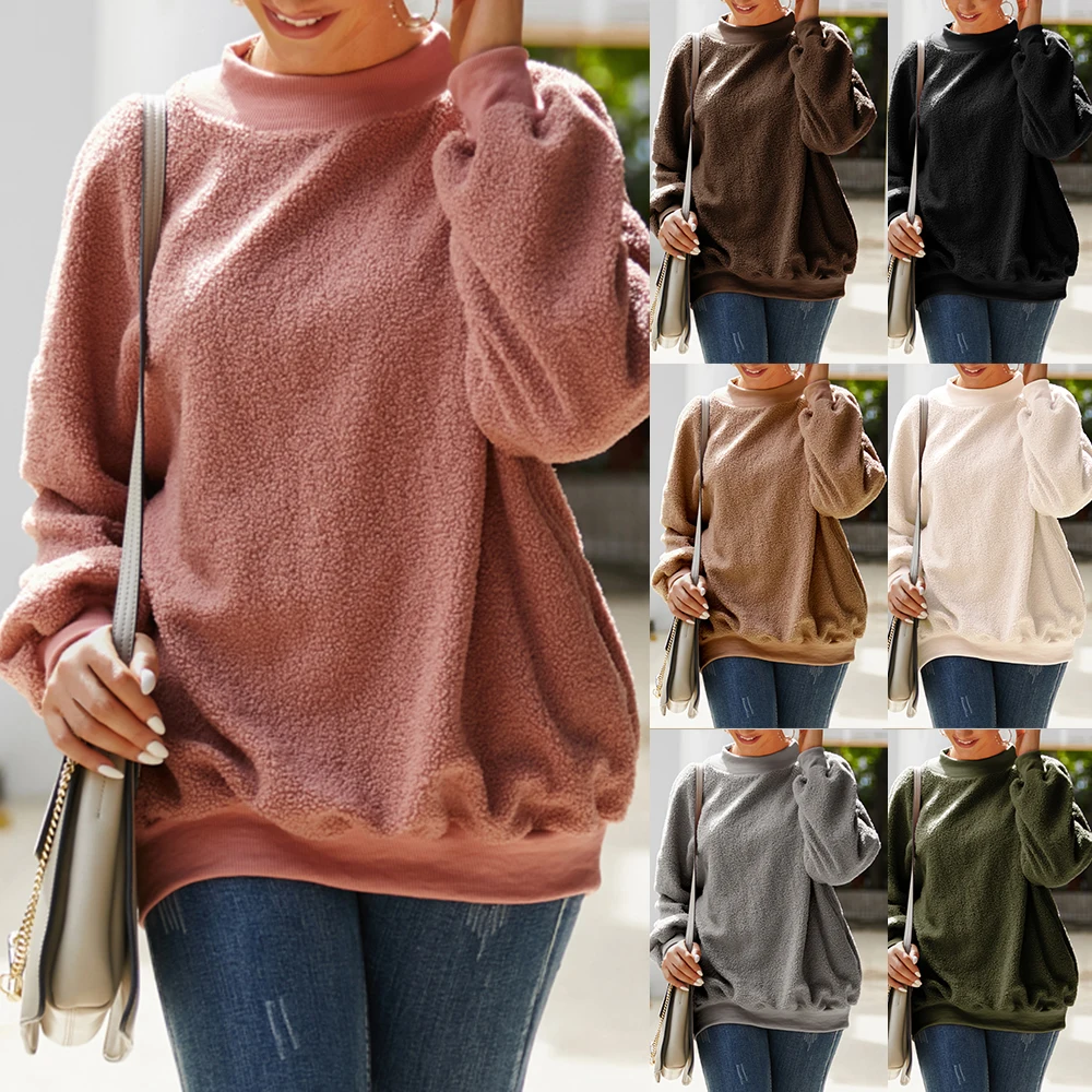 

LITTHING 2019 Autumn Casual Plush Teddy Top Women Fashion Loose Warm Sweatshirt Pull Femme Long-sleeve O-Neck Shirt Jacket Mujer