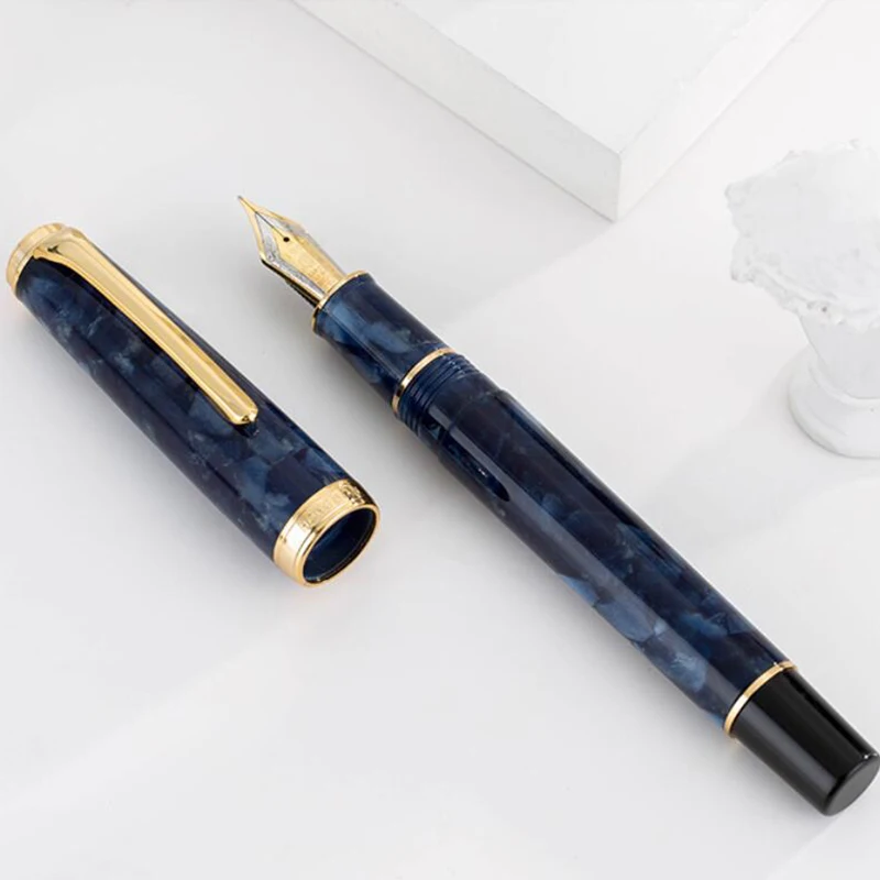 HongDian 960 Retro Blue Resin Fountain Pen Includes Metal Box and Ink Converter Smooth Writing Pen Iridium Fine Nib Classic Pen