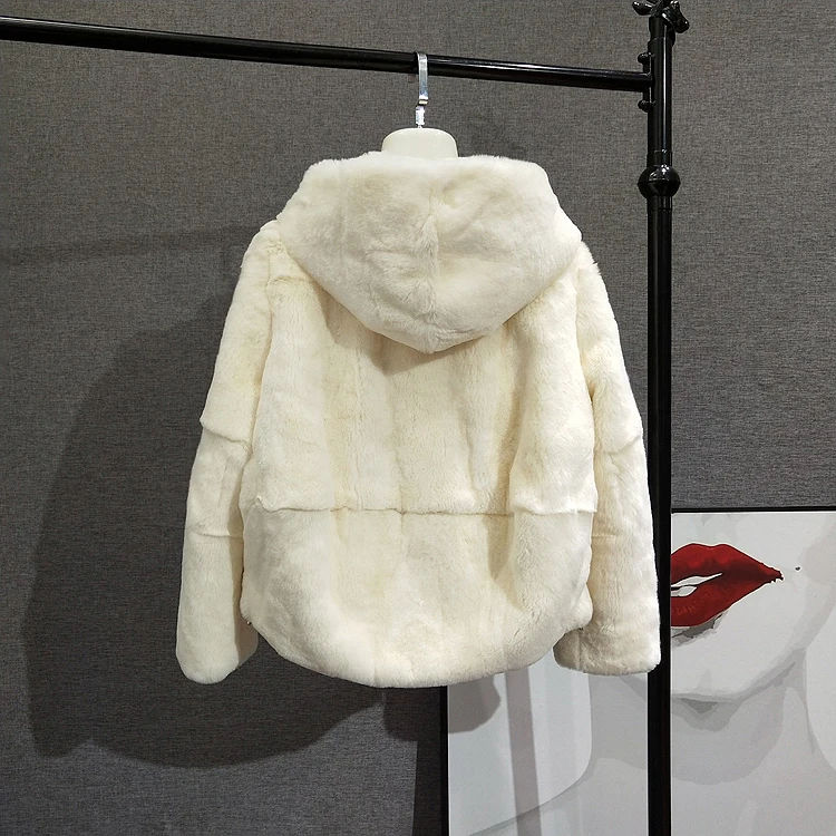 beige Новинка, женское меховое пальто, настоящая Меховая куртка с мехом кролика рекс с капюшоном, Женское пальто из овчины с меховым воротником, женские куртки, верхняя одежда - Цвет: beige