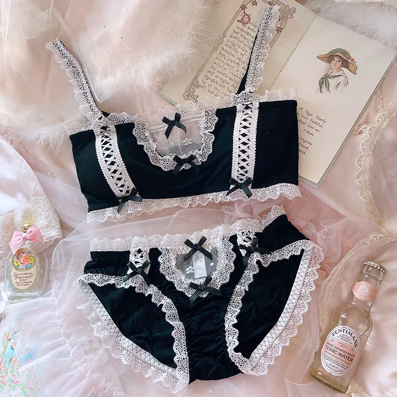 

Diablo Loli Maid Modal Black Tube Top No Steel Ring Underwear Sexy Lace Bra Set Love Girl Pink Bowknot Hollow Lingerie Panty