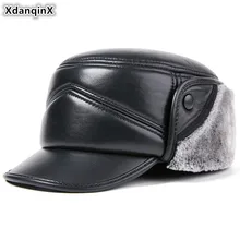 XdanqinX мужская плоская шляпа из натуральной кожи зимние толстые теплые шапки с наушниками армейские кепки Овчина кожаная шапка мужская зимняя шапка