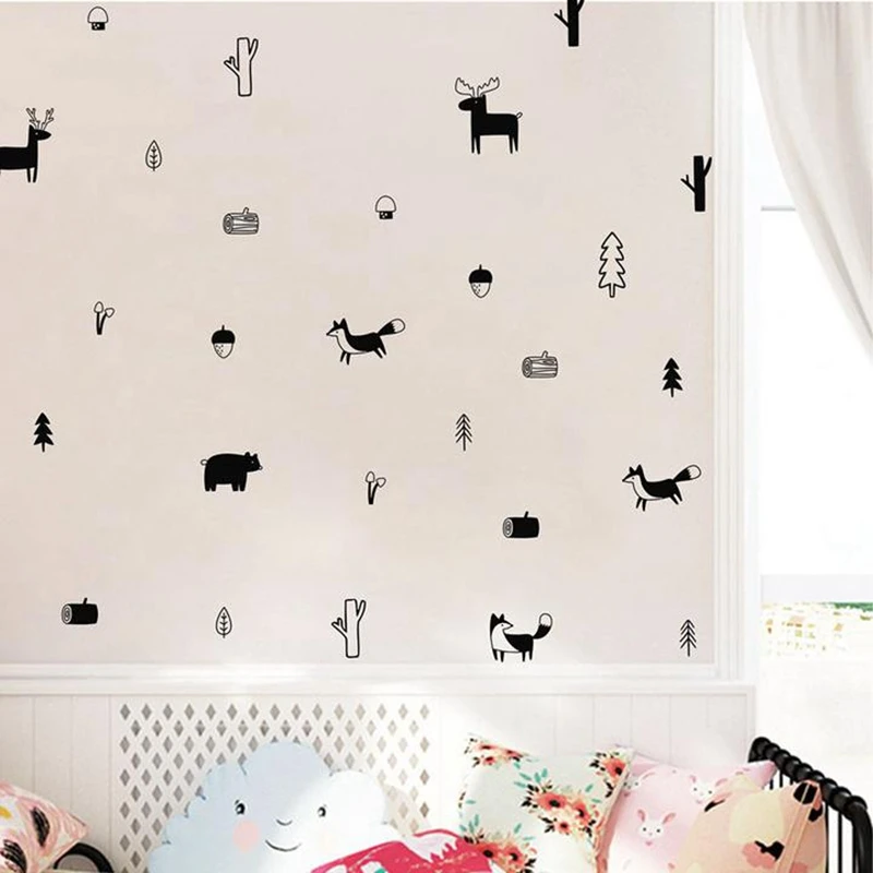 Nordic Style Forest Animal Wall Decals for kids Woodland Tree Nursery Vinyl Art Wall Stickers Children Room Modern Home Decor