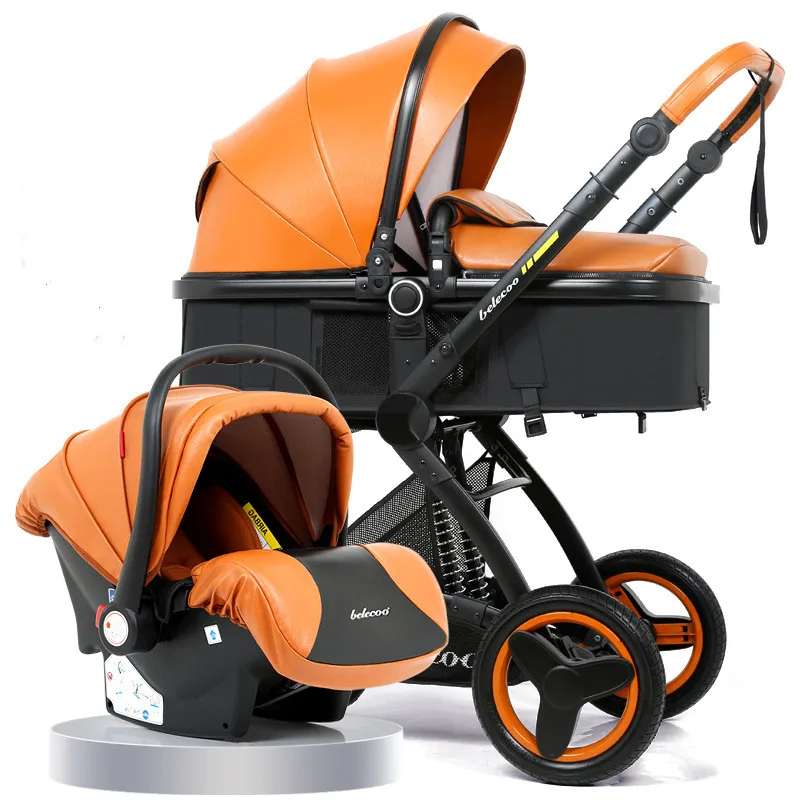 

Belecoo Baby Stroller 3 in 1 Baby Carriage with Sleep Basket Car Seat PU Leather Safety Travel Pram Newborn Pushchair