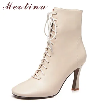 

Meotina Real Leather Super High Heel Ankle Boots Women Shoes Zip Lace Up Short Boots Square Toe Stiletto Heels Boots Female 41