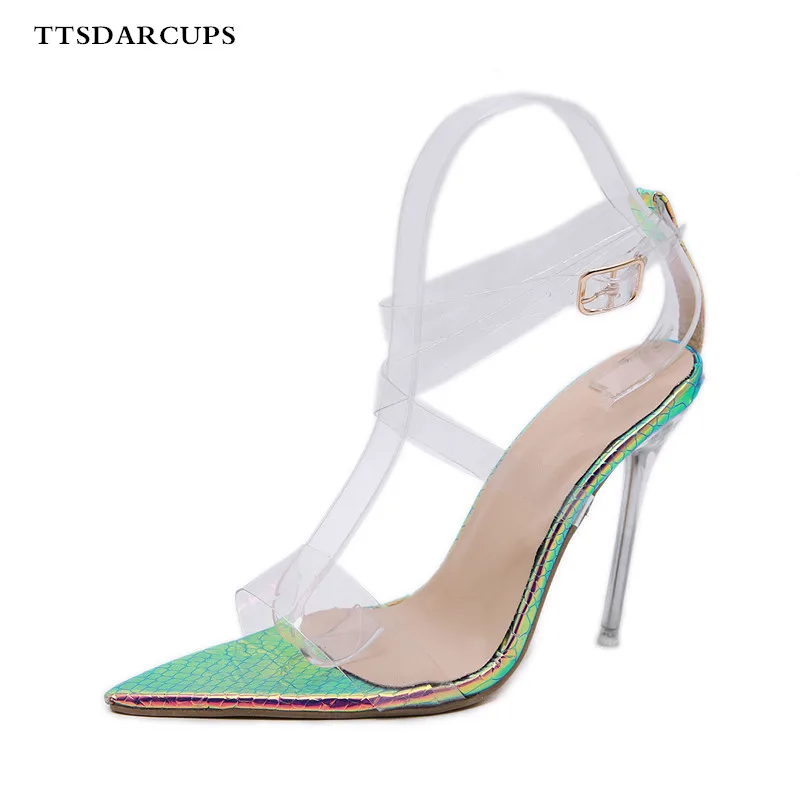 

TTSDARCUPS European American T-Station Show Magic color serpentine Transparent high crystal heel sandals Large size 35-42