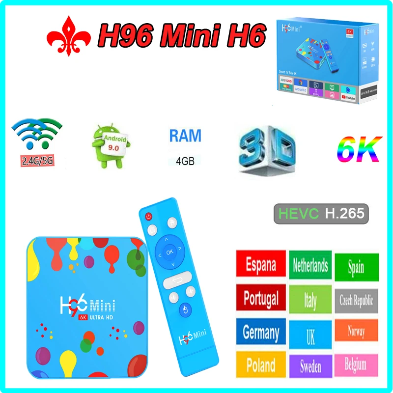 

Tv box android 9.0 H96 mini H6 smart TV set-top box for Bluetooth AV 2.4G/5G 6K WiFi 5V/2A support for m3u iptv subscription