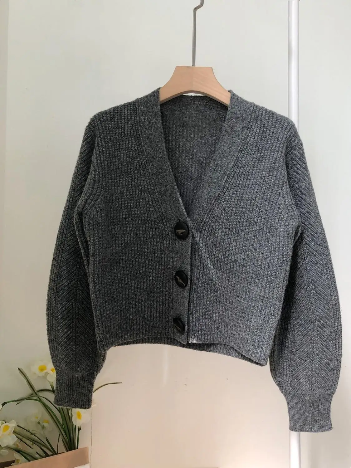 

100% Wool Knitted Cardigan Autumn Winter V Neck Single Breasted Grey Knitted Sweater Tops Jumper