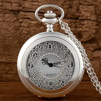 

New Arrivals Silver Hollow Quartz Pocket Watch with Chain Retro Men Women Classic Pendant Necklace Clock Gift