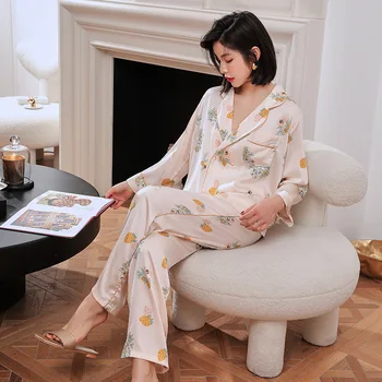 

New pajama set spring 2020 temperament loose double-breasted Japanese casual simulation silk ladies home clothes two-piece suit