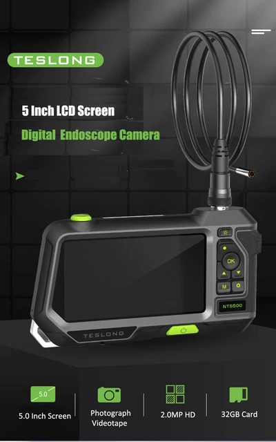 Teslong NTS500 - Endoscopio de doble lente con monitor de 5 pulgadas,  cámara de inspección de boroscopio industrial impermeable con lente doble  de