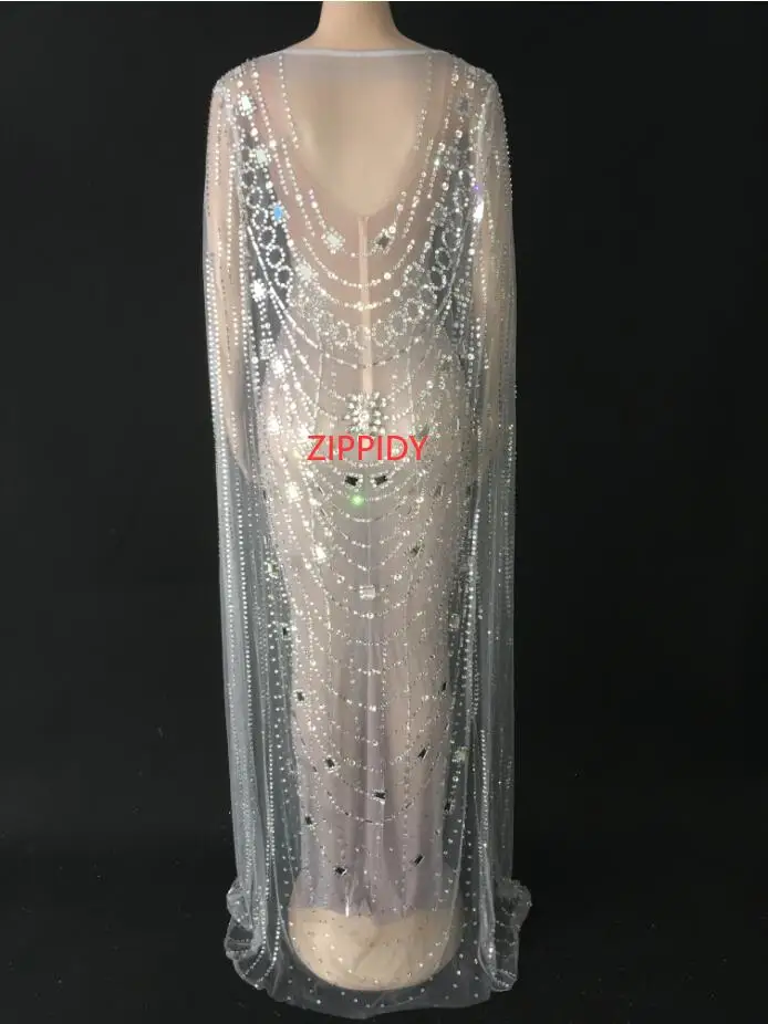 Sparkly Crystals Cloak Dress Outfit Luxurious Mesh Perspective Dress Evening Costume Dress Birthday Celebrate Dress YOUDU