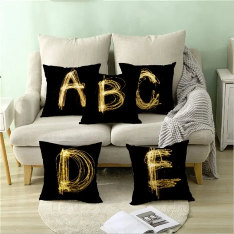 Black And Gold A-Z 26 Letters Cushion Cover Polyester Pillow Case Throw Covers Home Sofa Room Decor cushion cover | Дом и сад