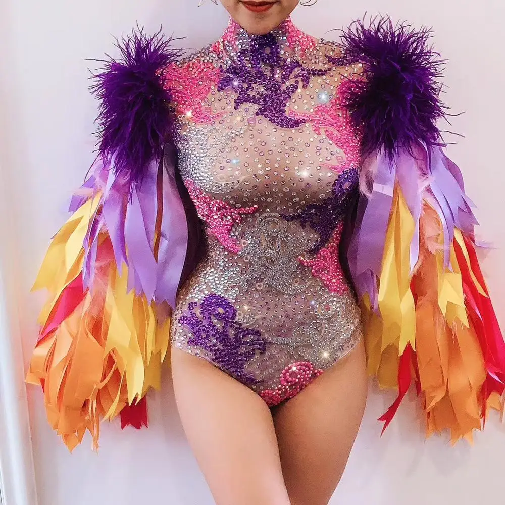 Women Fashion Colored Feather Ribbon Stretch Jumpsuits Multicolored Water Drill Bobycon Bobysuits Women's Dancer Costumes |