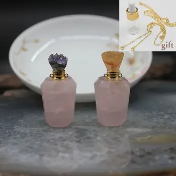 

New!Geode Druzy Caps Rose Quartzs Perfume Bottle Pendants,Pink Crystal Gems Stone Essential Oil Diffuser Necklace Charms Jewelry