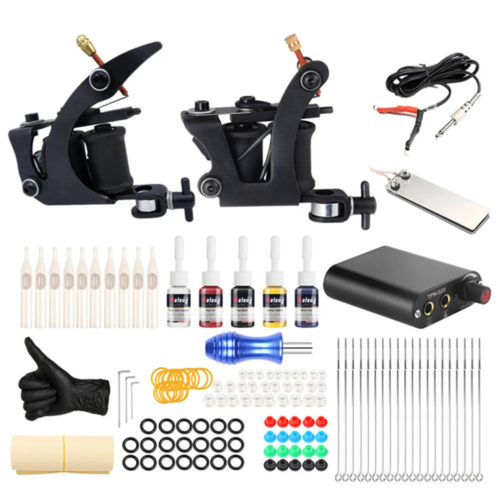 Полный комплект татуировки машинка для татуировок катушки чернил Захваты для иглы Советы черный источник питания двойная машина тату оборудование дропшиппинг