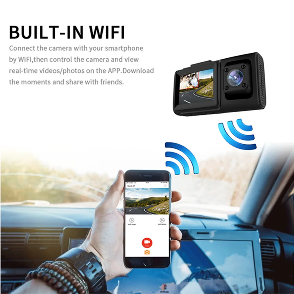 Blueskysea V18+ Автомобильный видеорегистратор HD 1080 P, фронтальная и кабина, Wifi DVR, 2 дюйма, ips, двойной объектив, gps NTK96660 IMY307, запись голоса с ночным видением