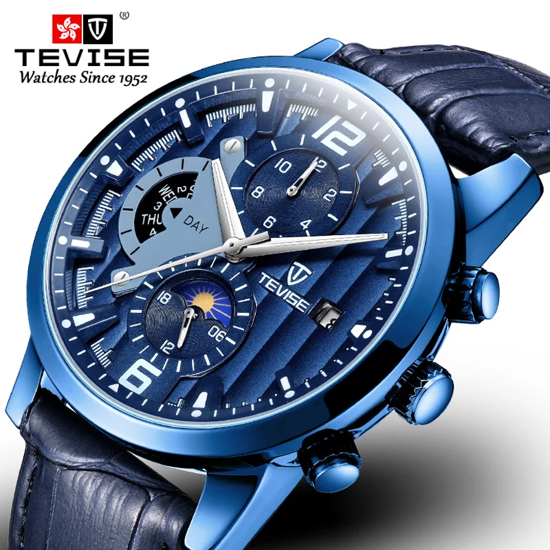 

TEVISE New Fashion Men Automatic Watch Blue Leather Strap Waterproof Male Clock Luxuxry Moon Phase Date Mechanical Wristwatch