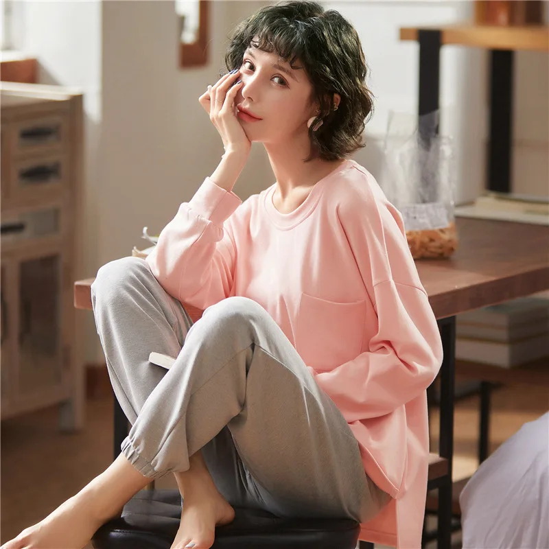 

2019 New Style Pajamas Female Spring Pure Cotton Long Sleeve Sports-Outer Wear Solid Color Crew Neck Autumn & Winter Simple Wome